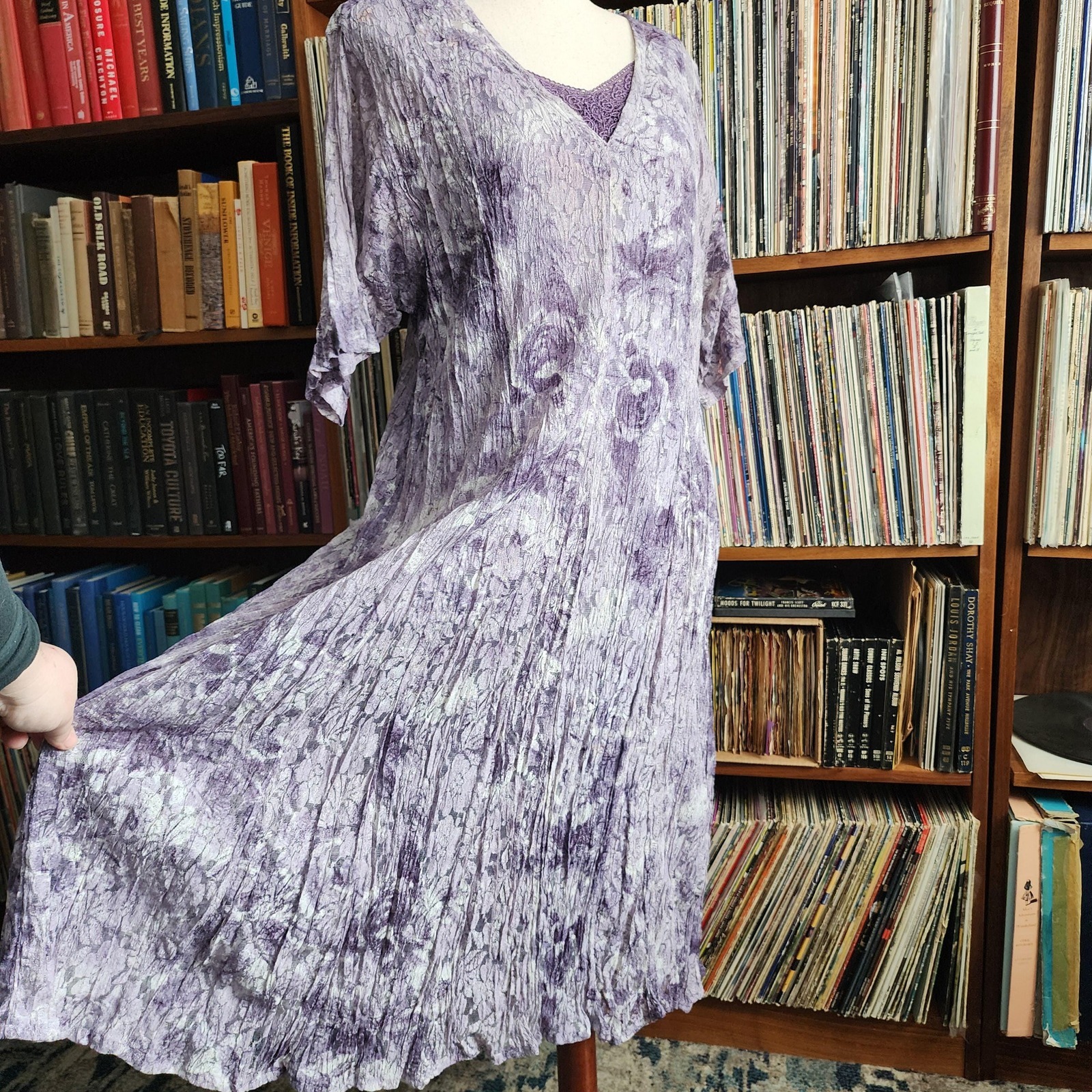 1x Light Purple 90s Starina Ii Cottage Core Dress Of Lace / Chiffon V-Neck Maxi